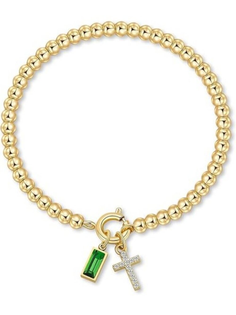 08-August(Peridot) Cross Birthstone Elastic 14K Gold Plated Bead Bracelet